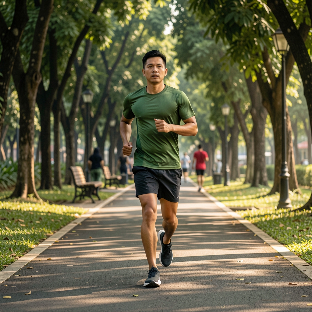 Runner over 35 moving steadily along a shaded Jakarta park path