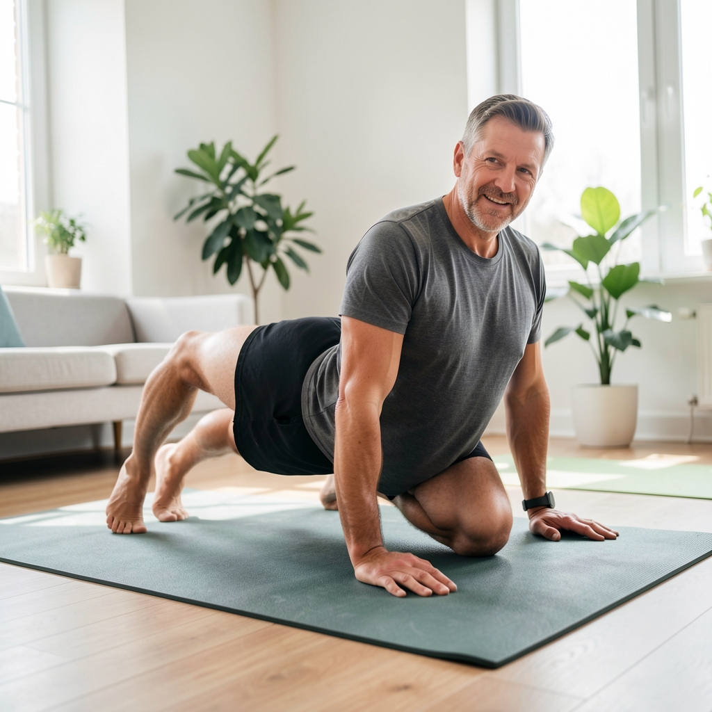 Man in his forties performing a slow hip mobility drill on a mat in a bright home studio