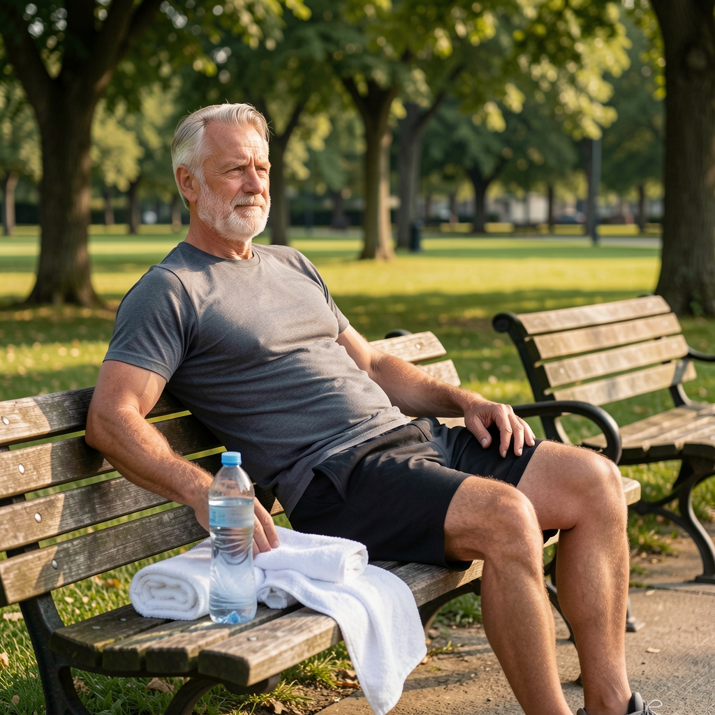 Mature man resting on a park bench with a towel and water bottle after a quiet morning workout