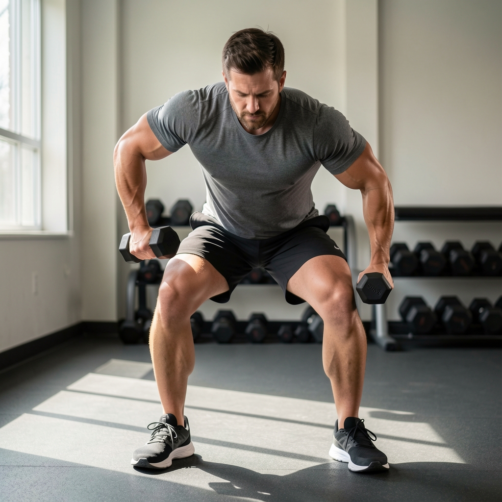 Man performing a slow dumbbell row while maintaining a stable athletic stance