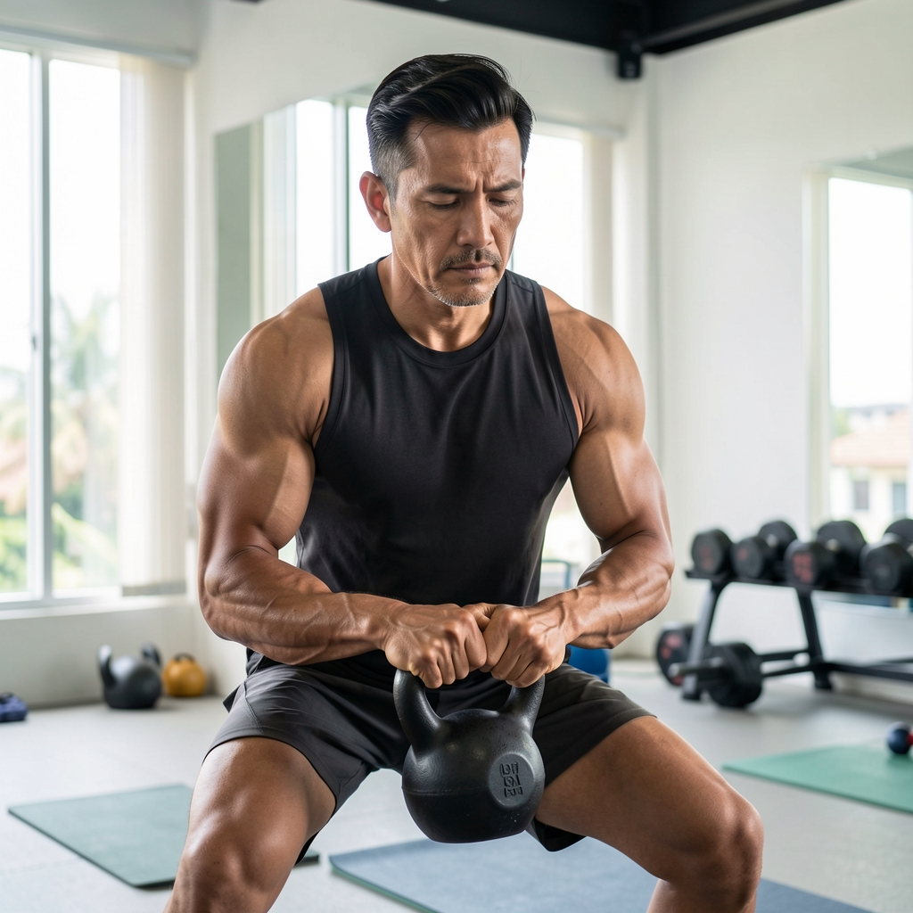 Focused mature male athlete performing a controlled kettlebell movement in a bright Jakarta training studio