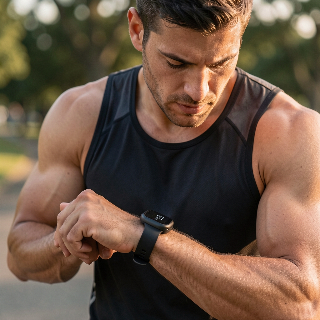 Close view of an athlete checking a heart-rate watch after a steady endurance interval