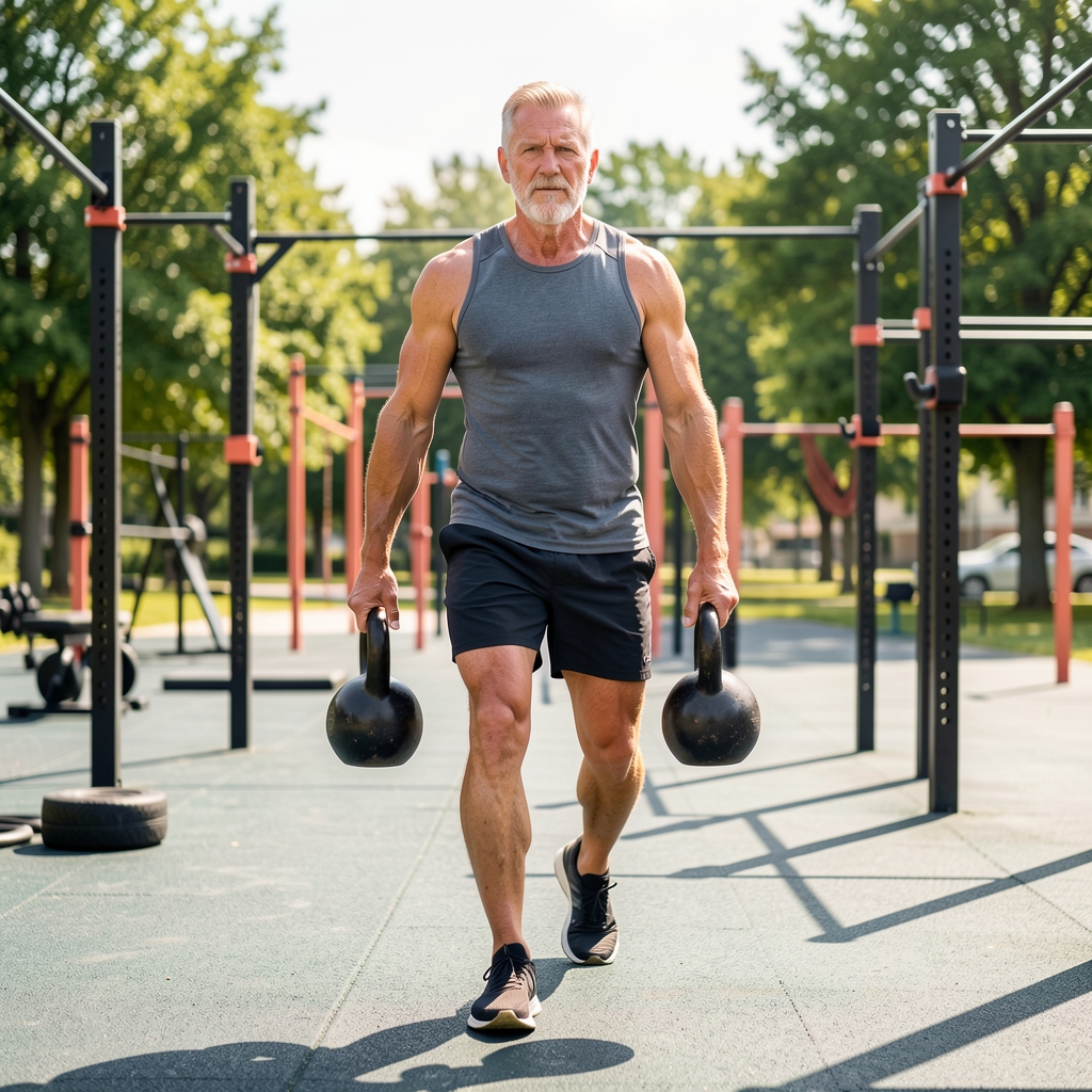 Mature athlete carrying two kettlebells through a bright outdoor training area