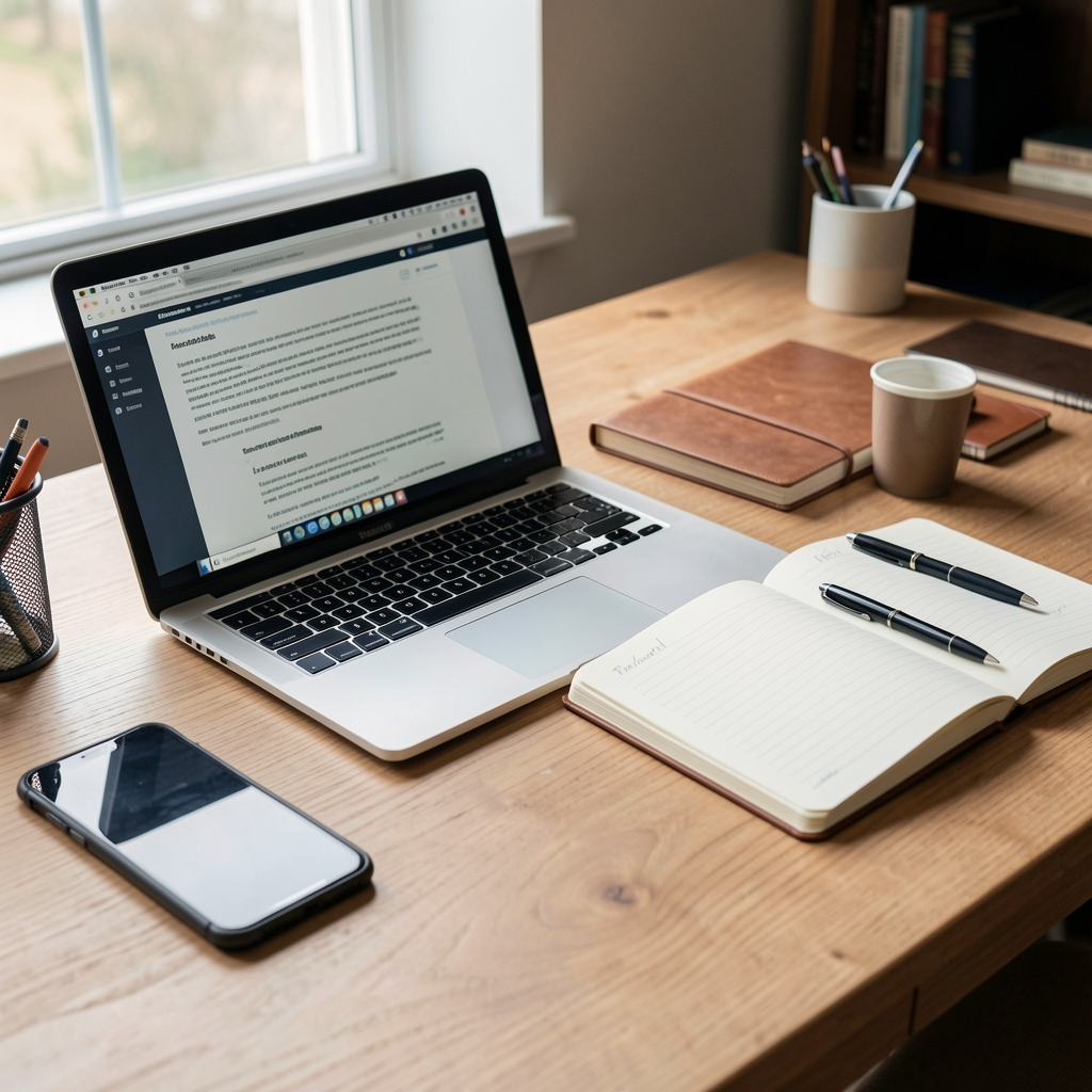Editorial desk with laptop, notebook and phone prepared for a thoughtful reader enquiry