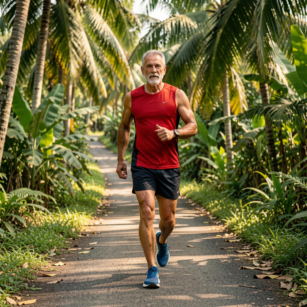 Mature athlete walking uphill on a tropical Jakarta path during an endurance session