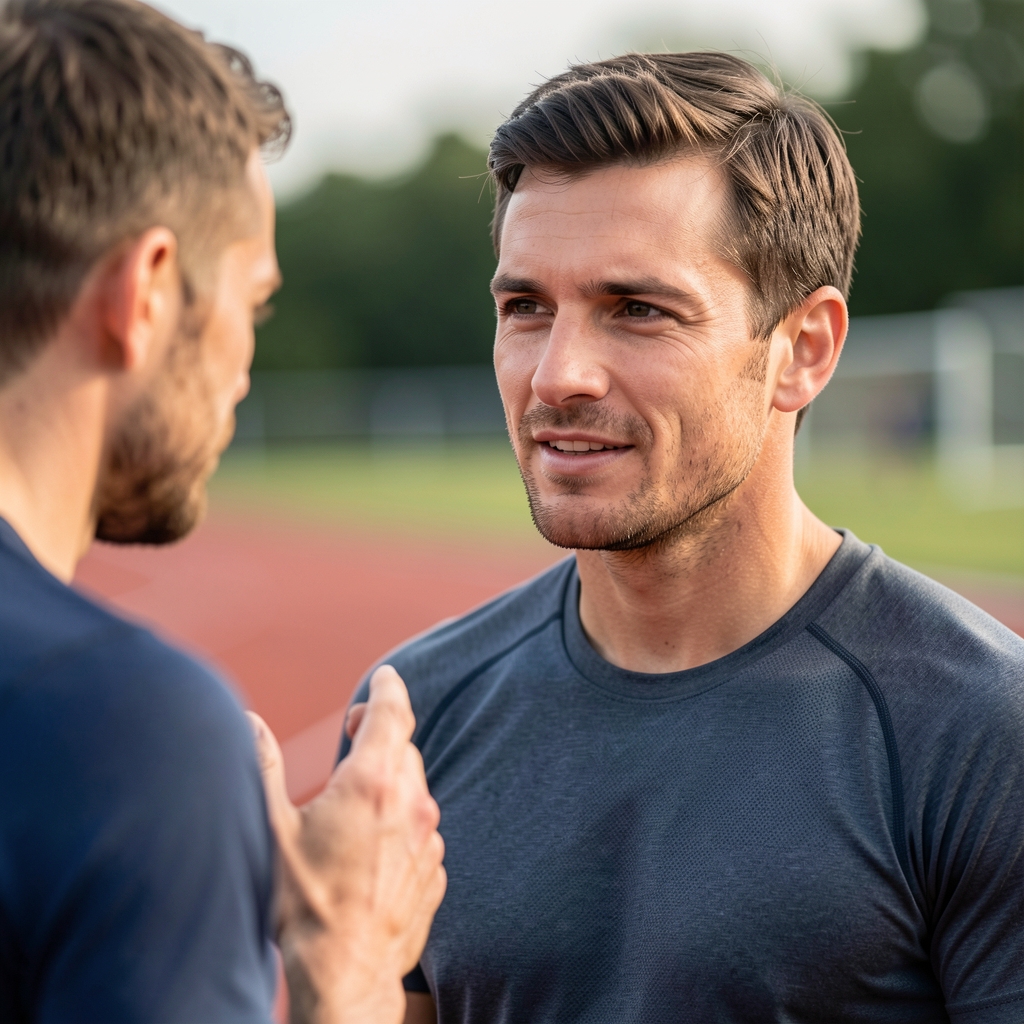 Coach discussing a steady endurance plan with a male athlete near an outdoor track