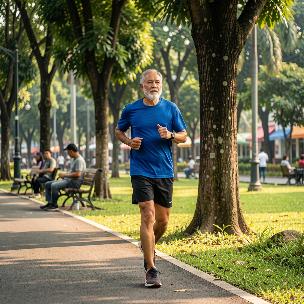 Mature runner moving at an easy pace beside trees in a Jakarta public park