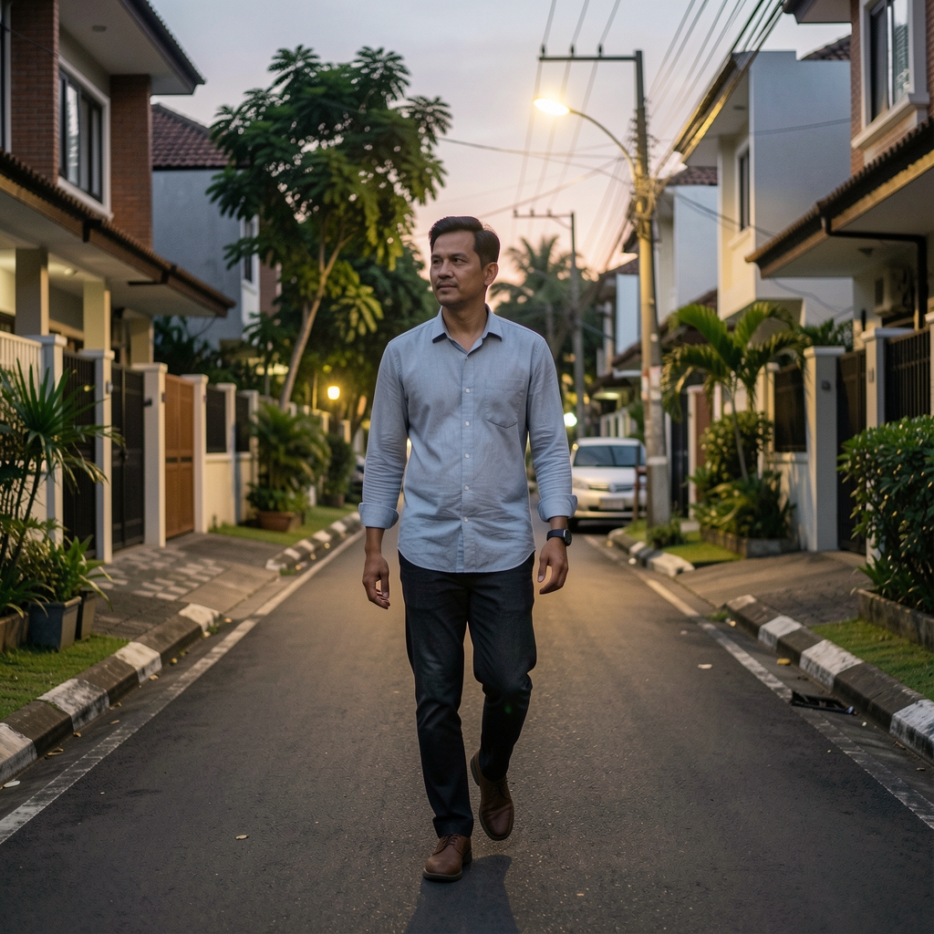 Man over 35 taking a quiet evening walk along a residential Jakarta street before bedtime