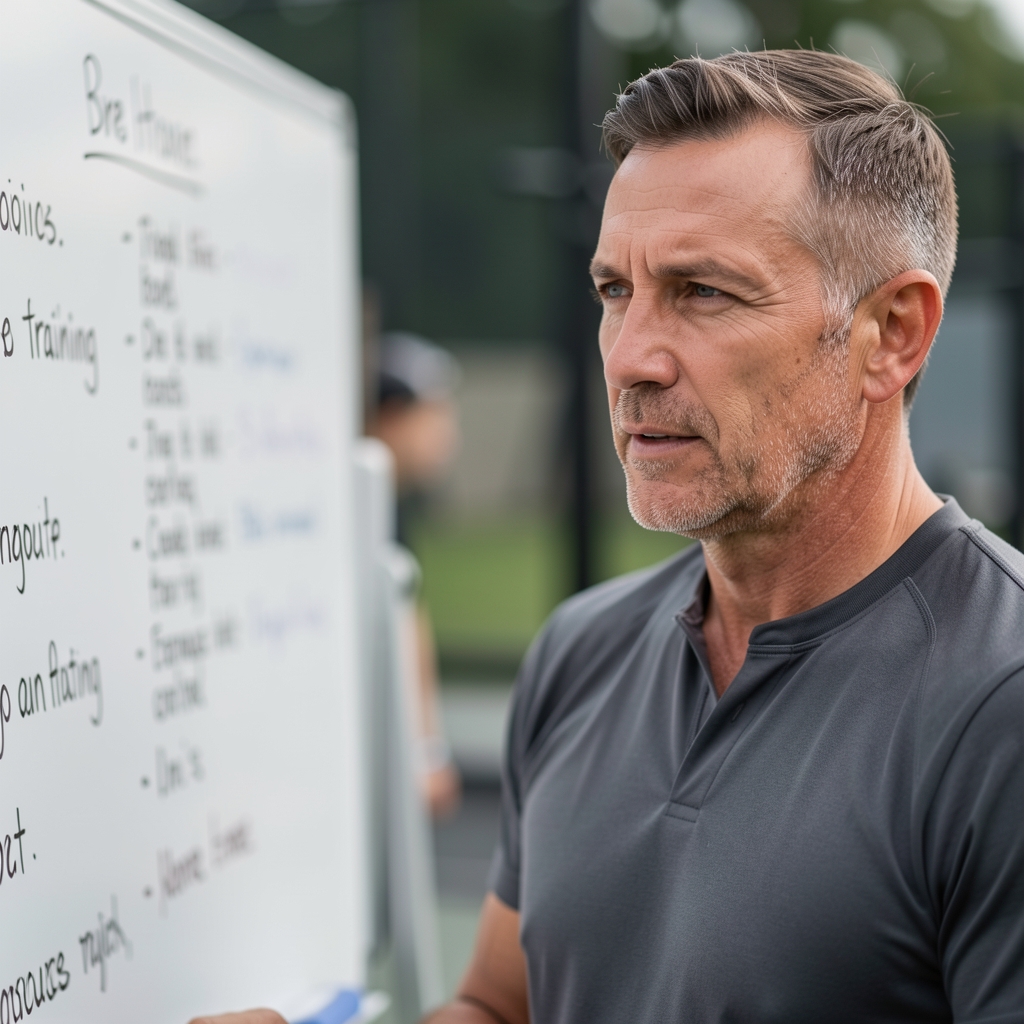 Coach and mature athlete having a thoughtful conversation beside a training studio whiteboard