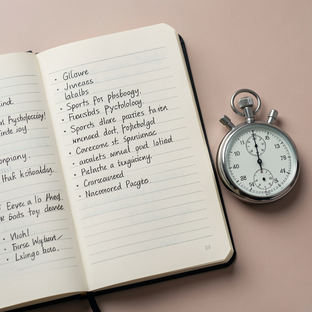 Open glossary notebook with handwritten sports physiology terms beside a stopwatch