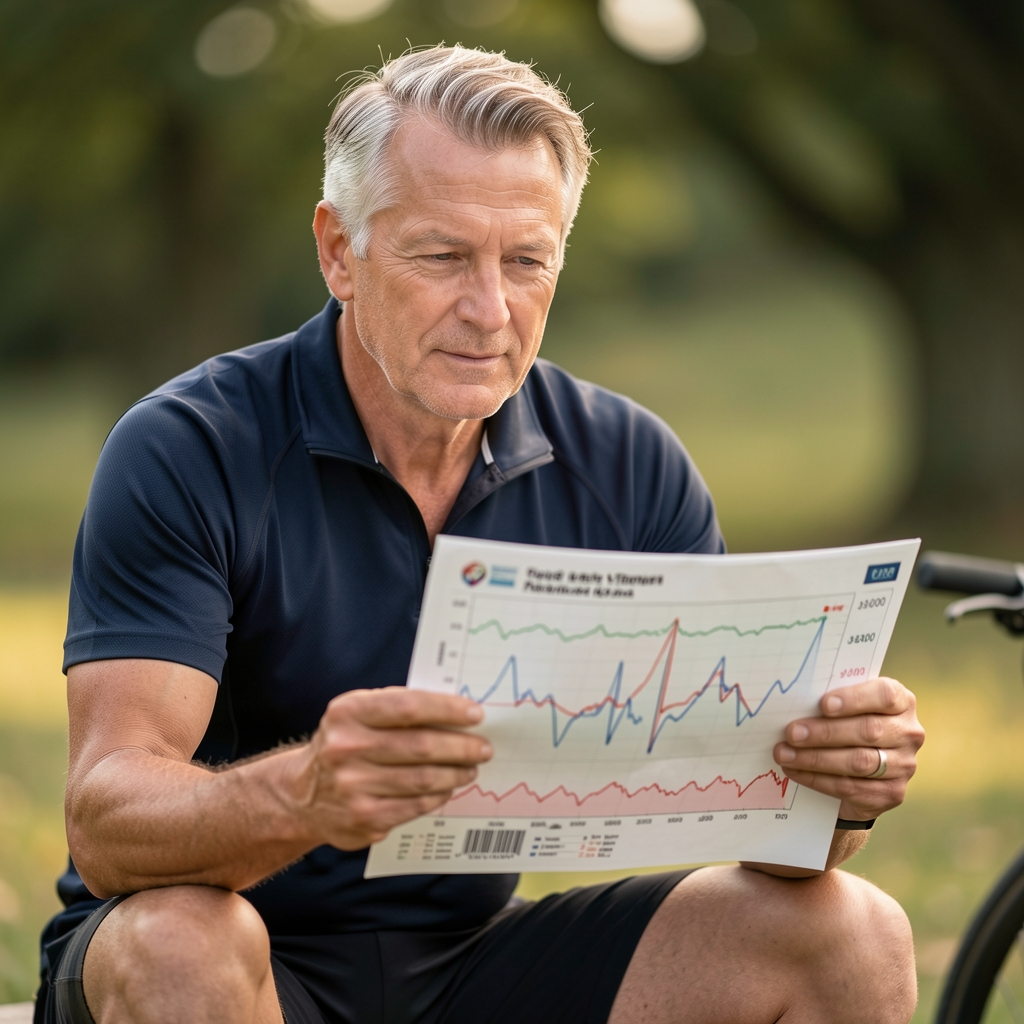 Mature man seated after cycling while reviewing a heart-rate chart with a coach
