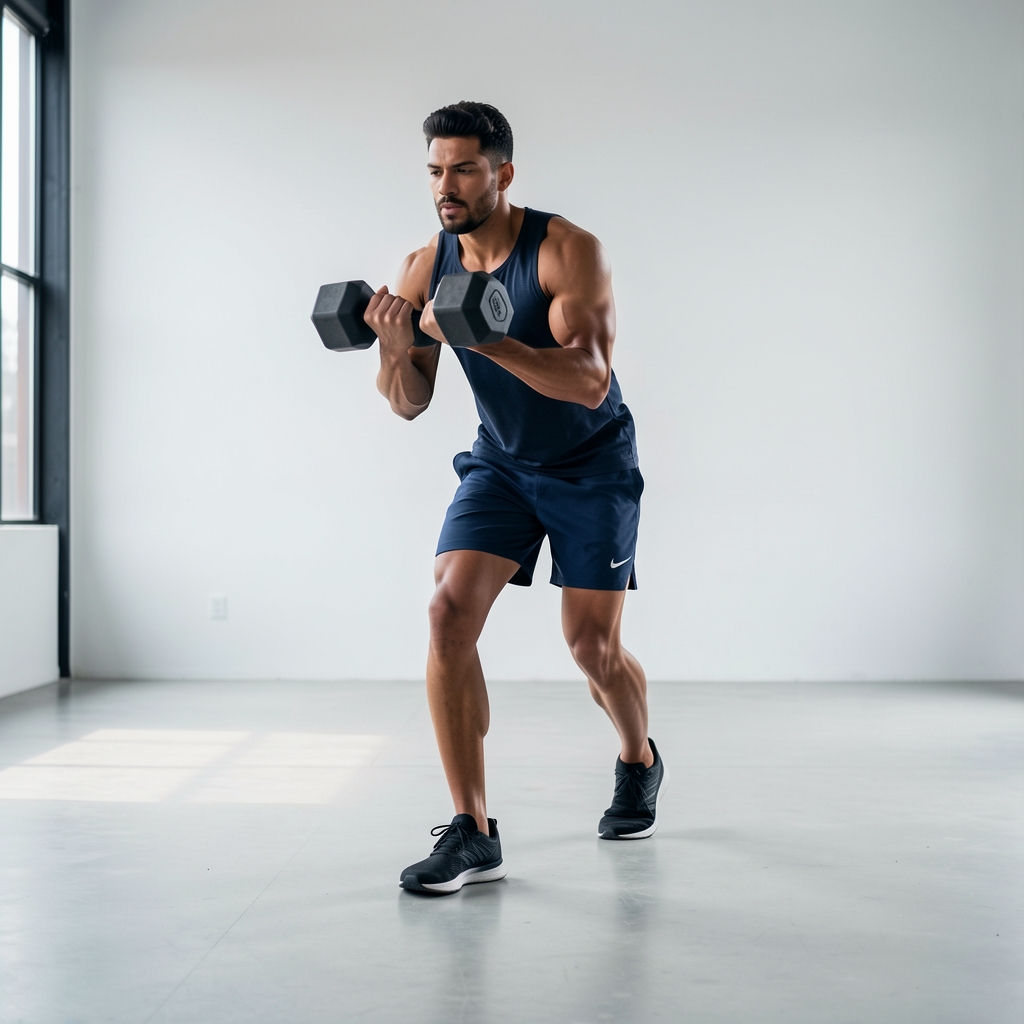 Athlete carrying two moderate dumbbells along a clean studio floor in a loaded-carry exercise
