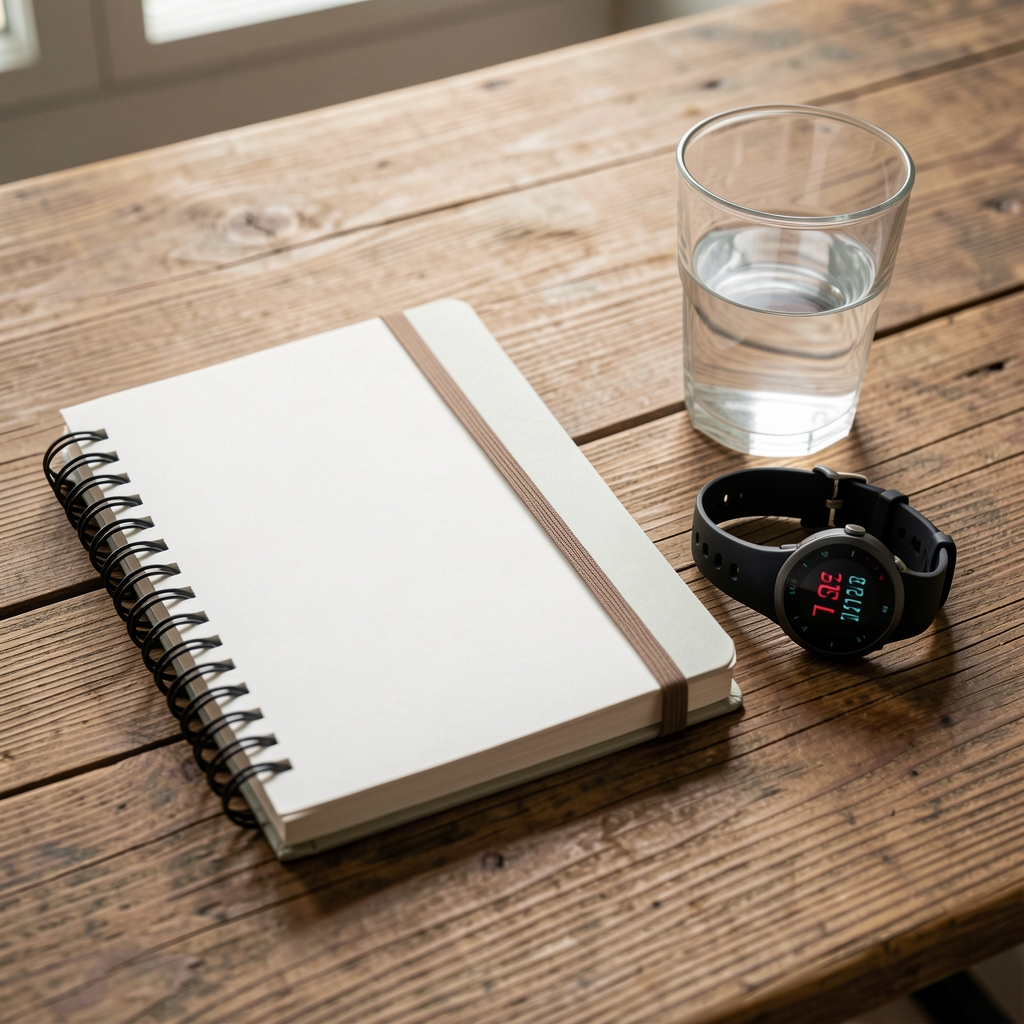 Training notebook and heart-rate watch lying on a wooden table beside a glass of water