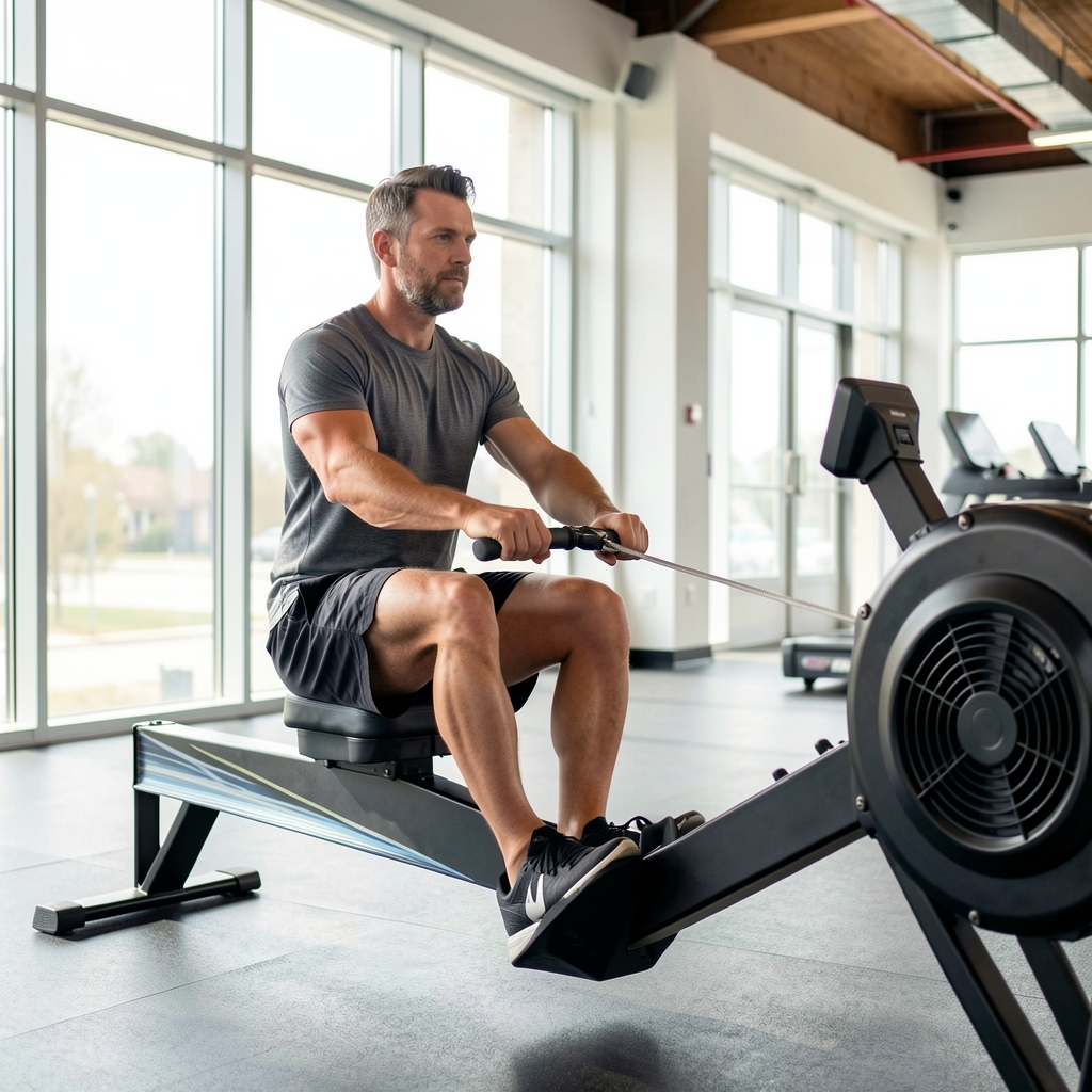 Man in his forties using an indoor rowing machine in a bright gym with large windows