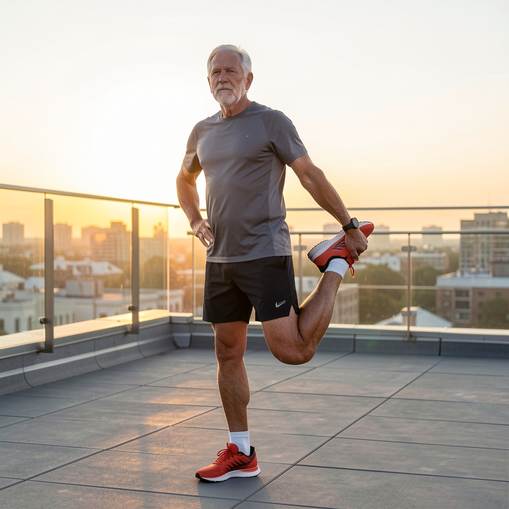 Older male athlete performing a standing hamstring stretch on a rooftop terrace at sunrise