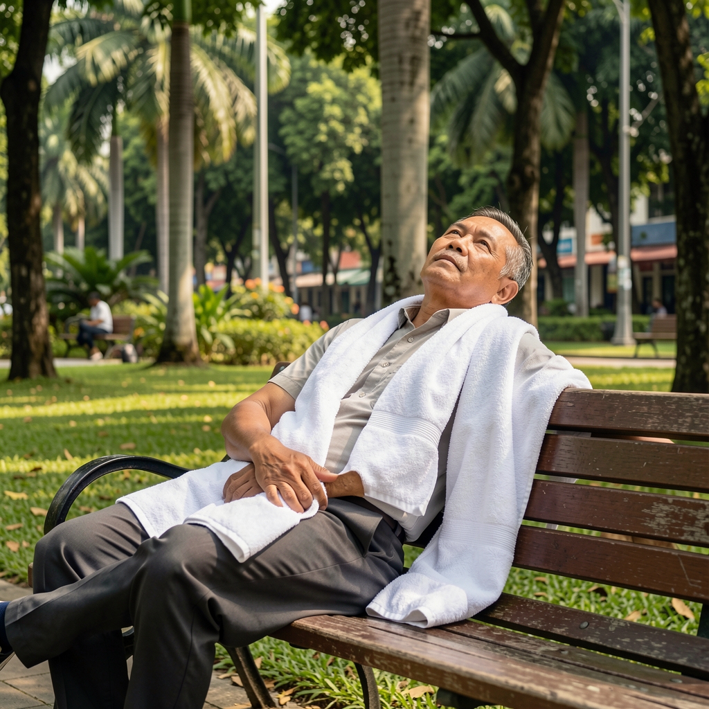 Middle-aged man resting on a bench with a towel after a morning session in a quiet Jakarta park