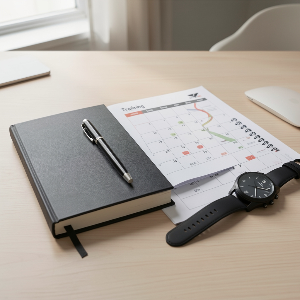 Open Palmus journal with pen, training calendar and sports watch on a clean desk