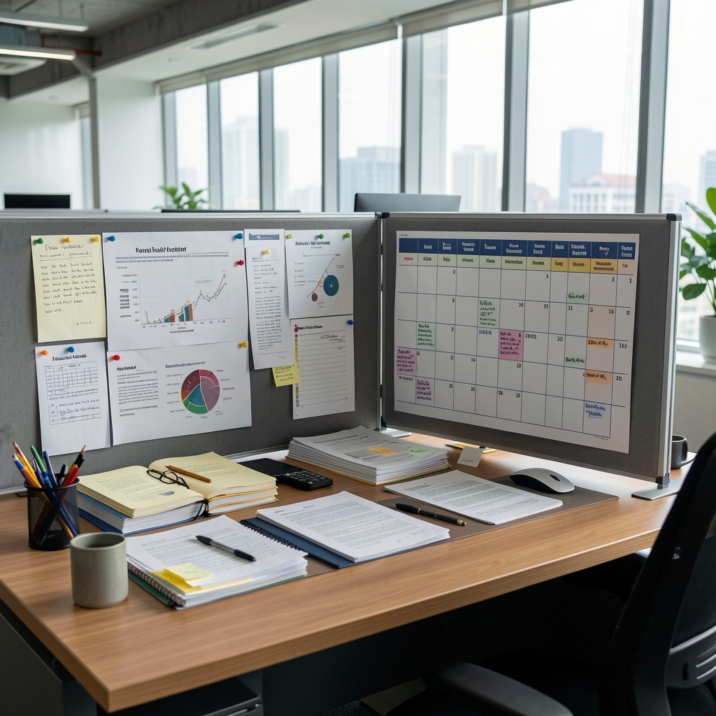Editorial methodology board showing research sources, notes and a training calendar in a Jakarta office