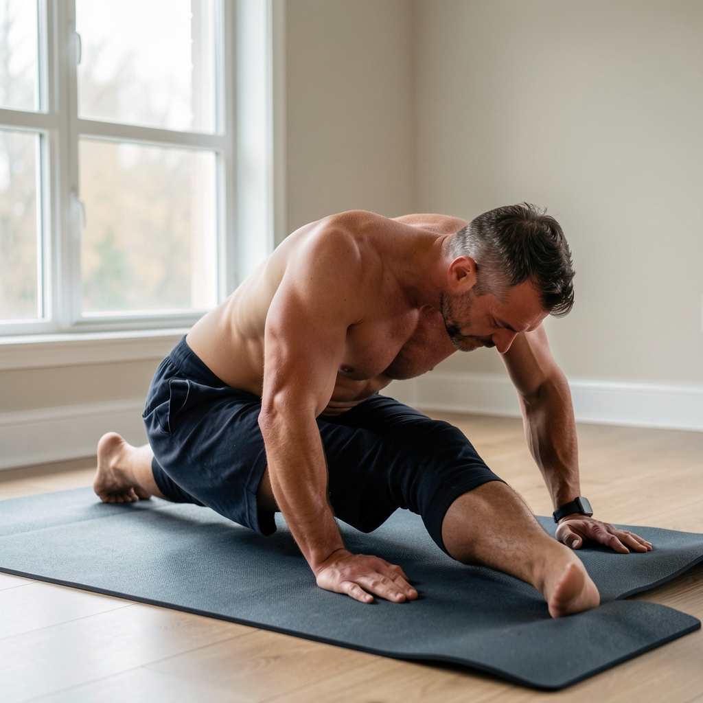Man over 35 practicing a hip mobility drill on a mat beside natural window light