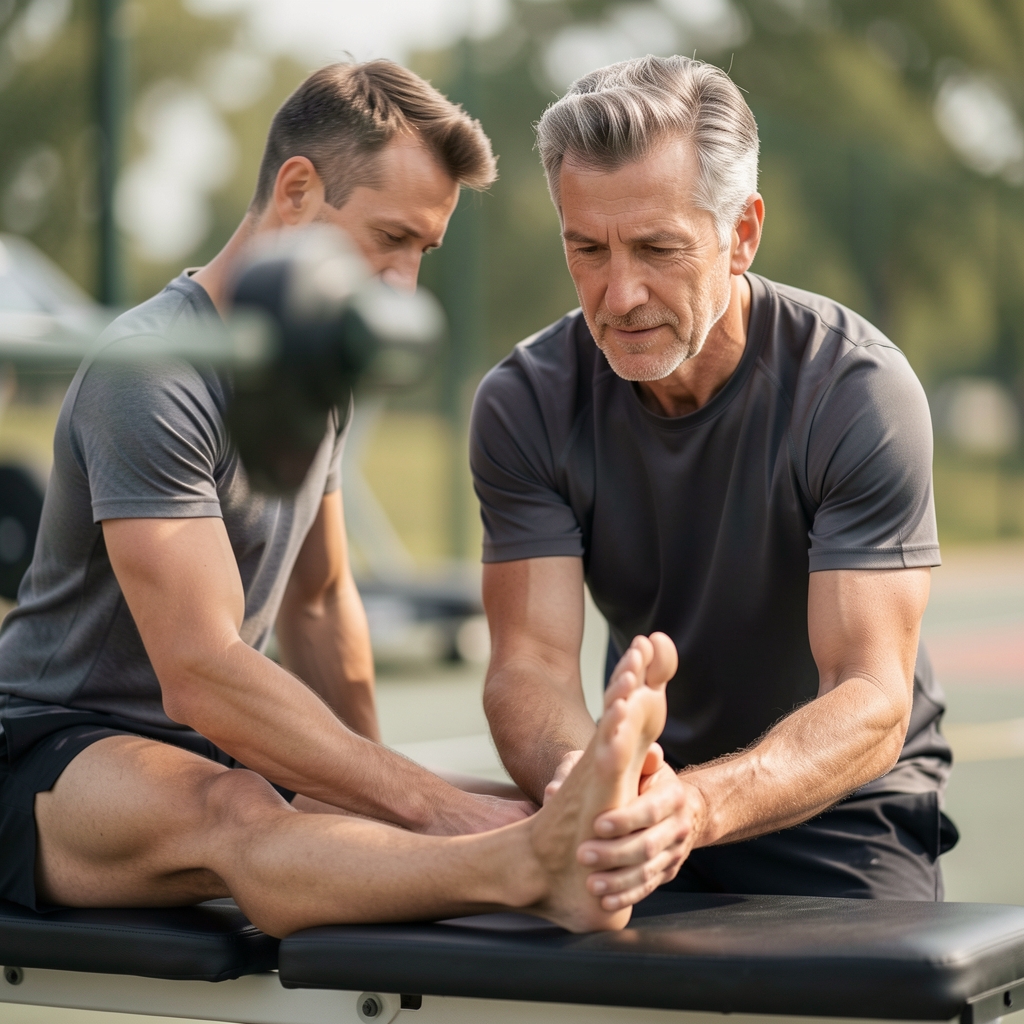 Coach guiding a mature athlete through a gentle ankle mobility drill near a training bench