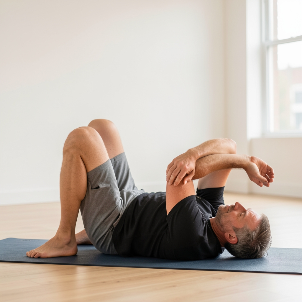 Man over 35 performing a controlled thoracic mobility exercise on a mat in a bright studio