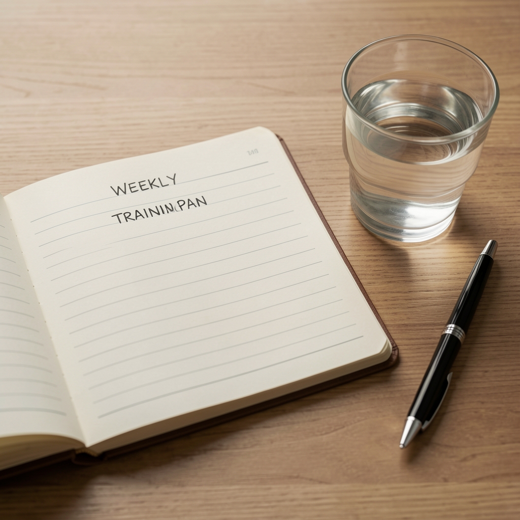 Open notebook with a simple weekly training plan beside a glass of water and pen