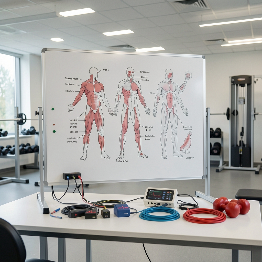 Sports physiology illustration board and heart-rate equipment arranged in a clean performance laboratory