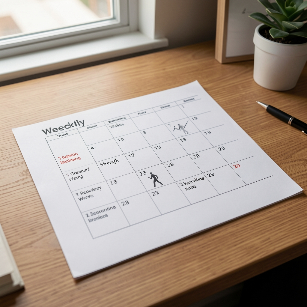 Weekly training calendar marked with strength, walking and recovery sessions on a desk