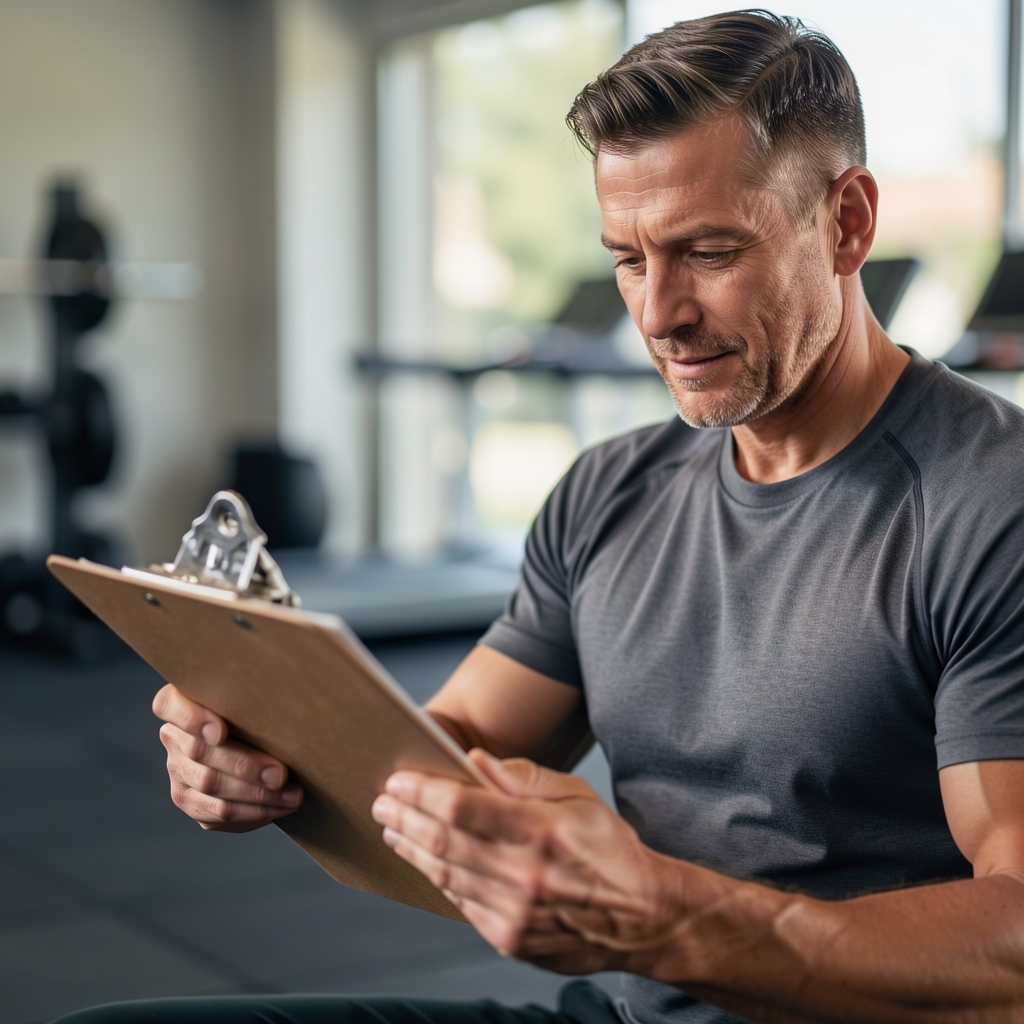 Coach and mature athlete reviewing a weekly program on a clipboard beside a gym floor