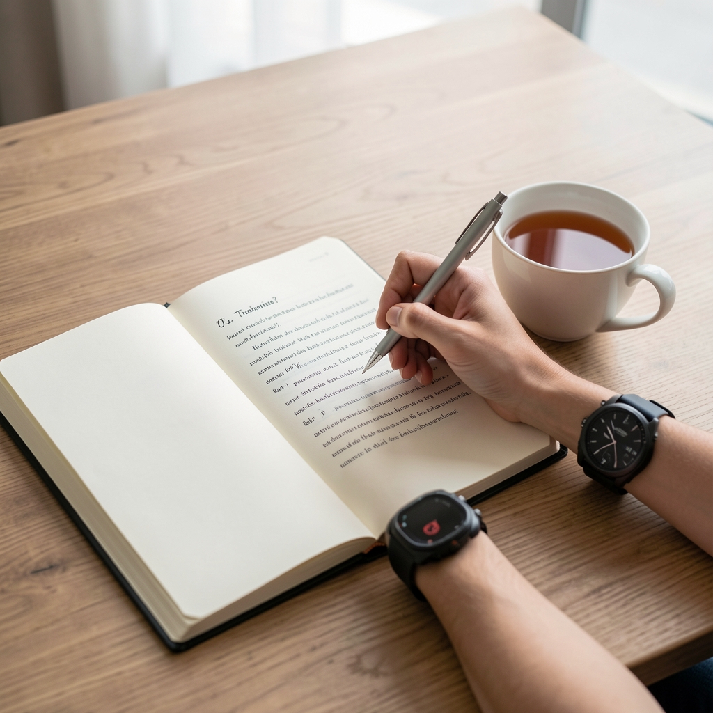 Reader writing a detailed training question in a journal beside a cup of tea and sports watch