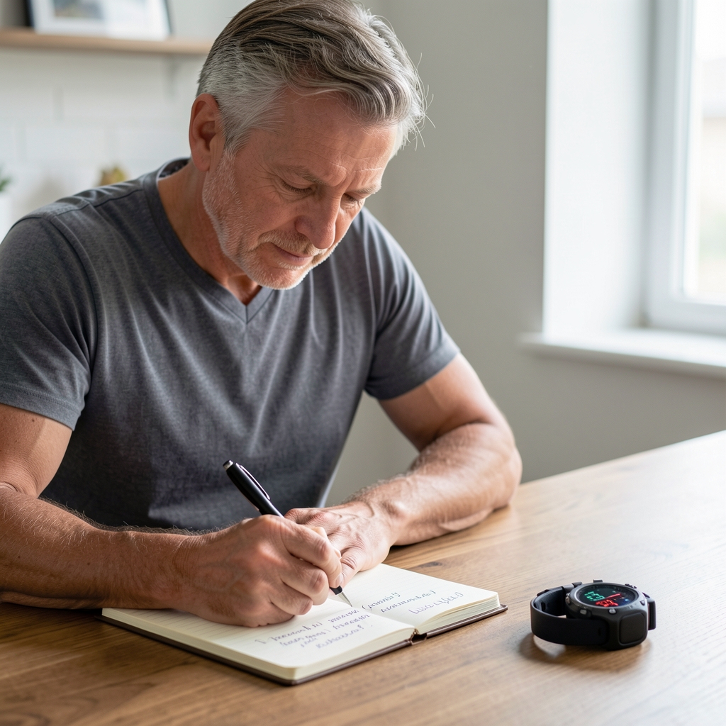 Mature man writing a personal training question in a notebook beside a heart-rate watch