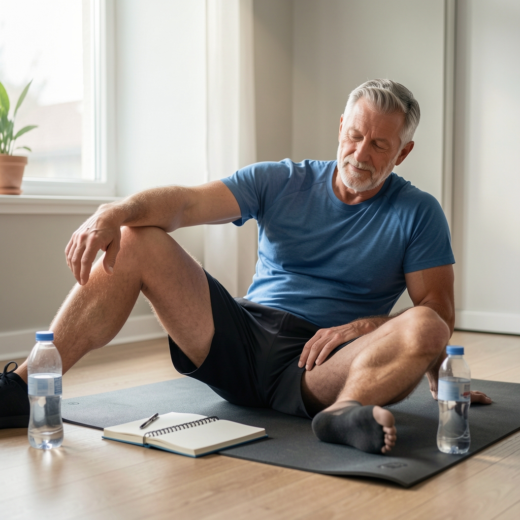 Mature athlete resting after training in a calm room with a notebook and water nearby