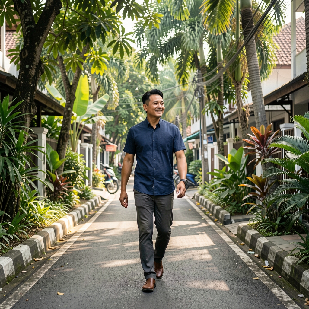 Man over 35 taking a relaxed recovery walk through a leafy Jakarta neighborhood