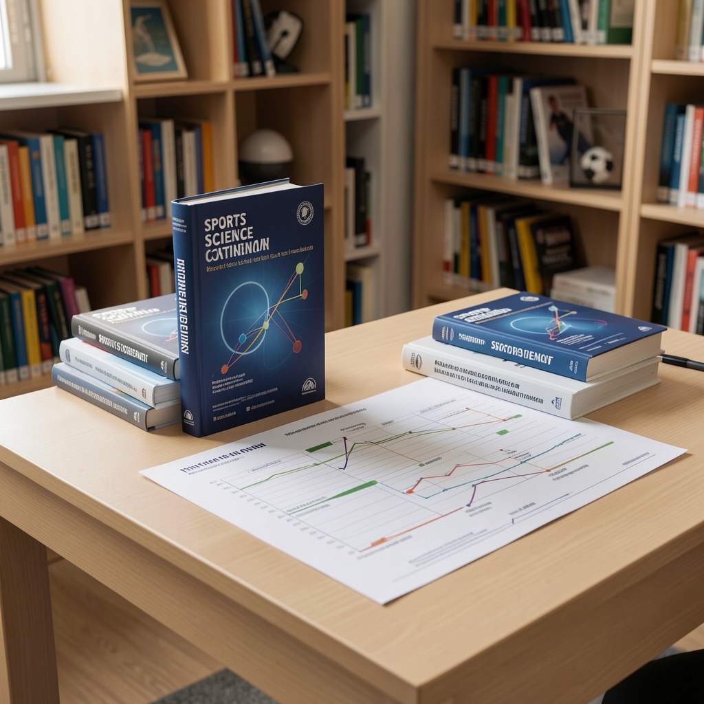 Sports science reference books and printed training charts arranged on a light library table