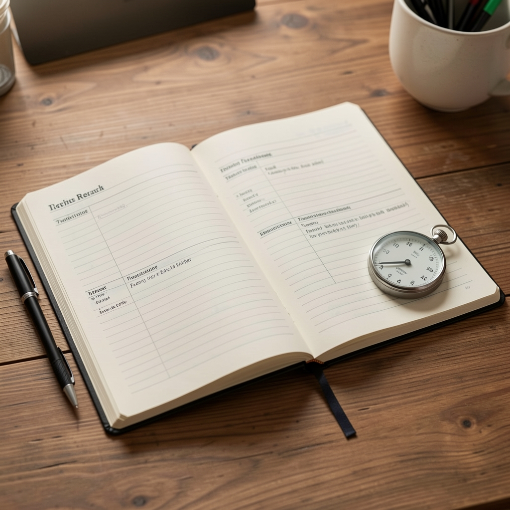 Open research notebook beside a stopwatch and training plan on a wooden desk