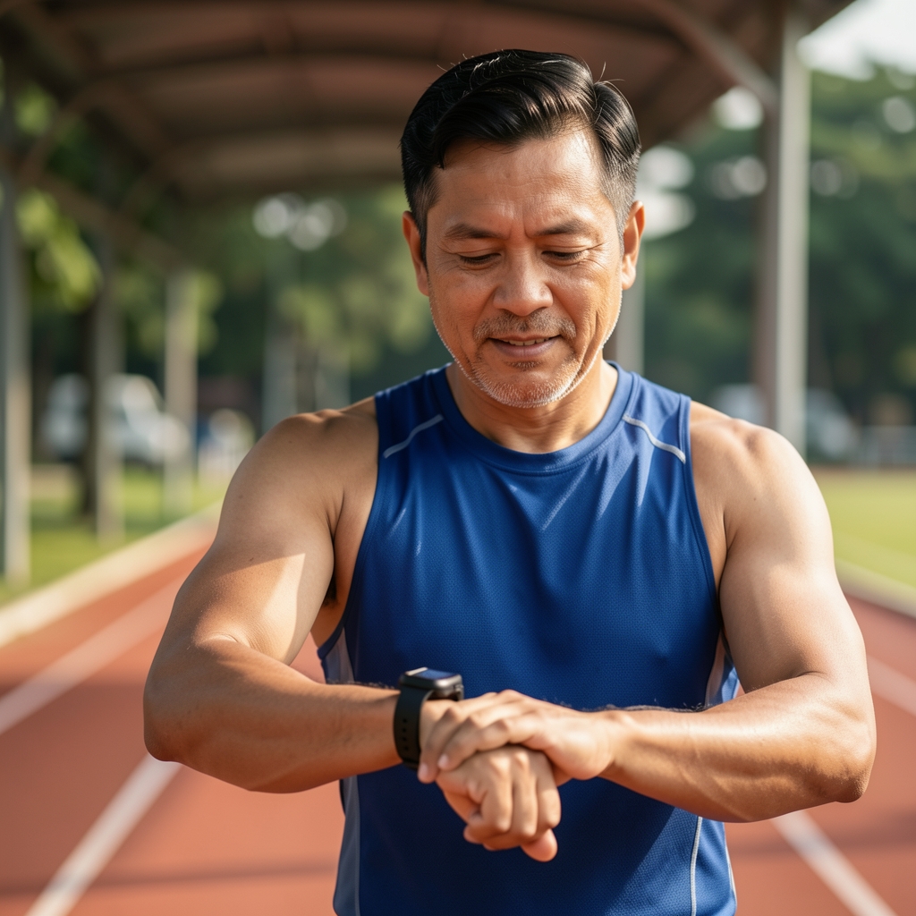 Male runner over 35 checking a heart-rate watch beside a shaded Jakarta track