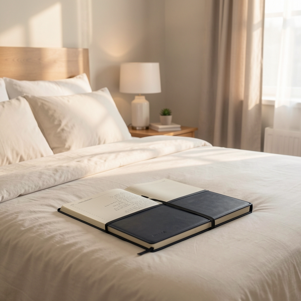 Calm bedroom with training journal and soft morning light prepared for a consistent sleep routine