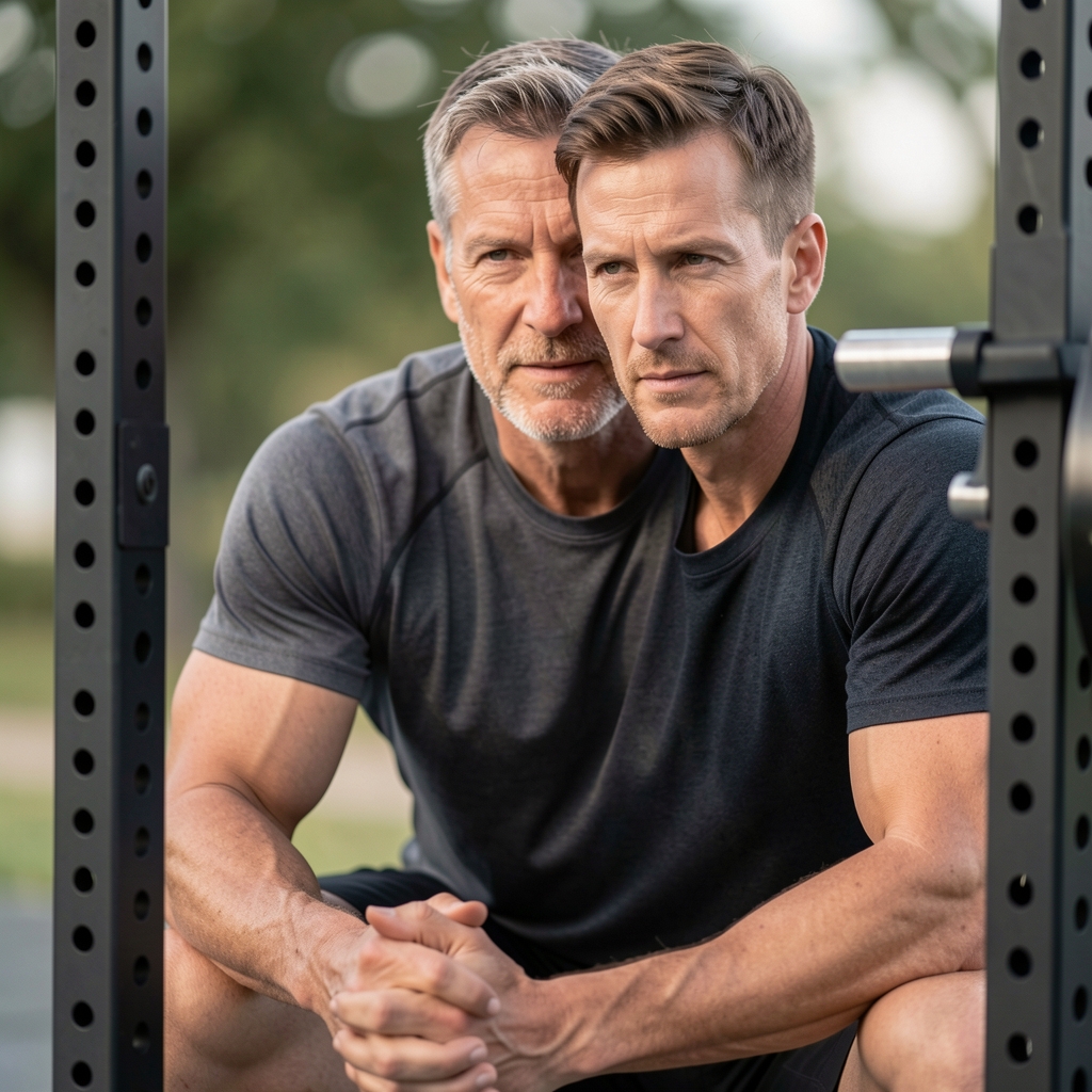 Coach observing a mature athlete perform a careful split squat beside a rack