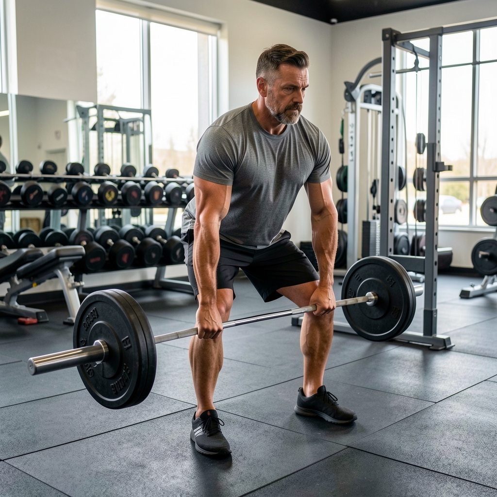 Man over 35 performing a controlled barbell deadlift with neutral posture in a supervised gym